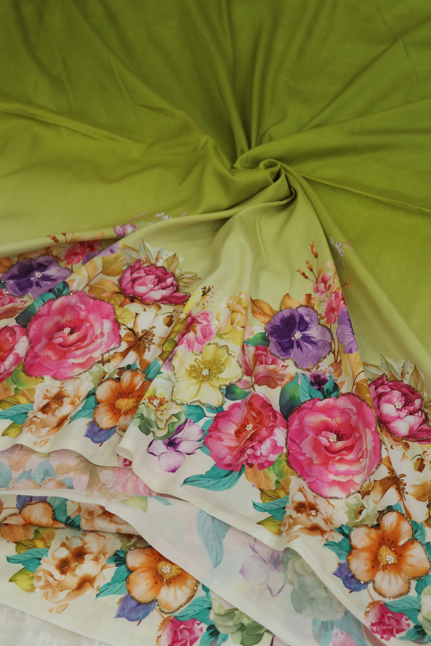 Dola Silk Floral Printed Fabric Highlighted With Pearls & Cutbeads