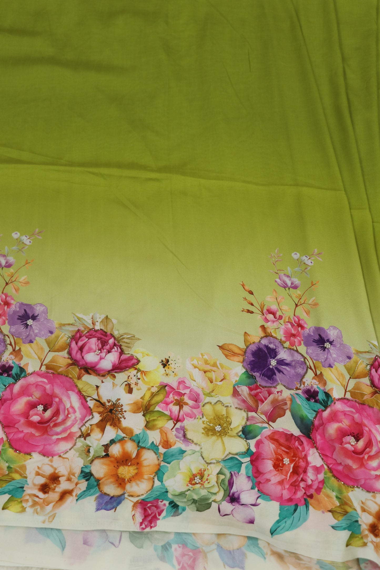 Dola Silk Floral Printed Fabric Highlighted With Pearls & Cutbeads