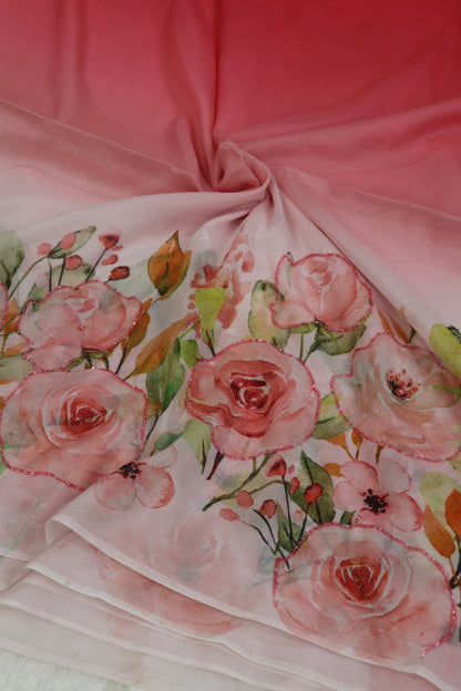 Silky Organza Floral Printed Fabric highlighted With Pearls & Cutbeads
