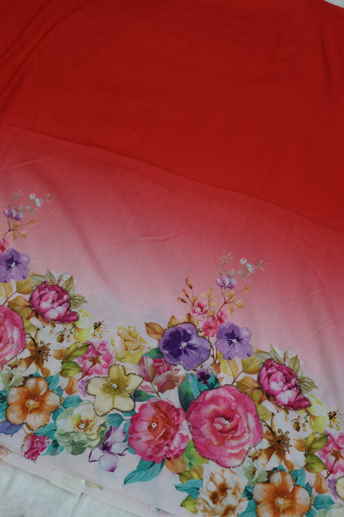 Dola Silk Floral Printed Fabric Highlighted With Pearls & Cutbeads