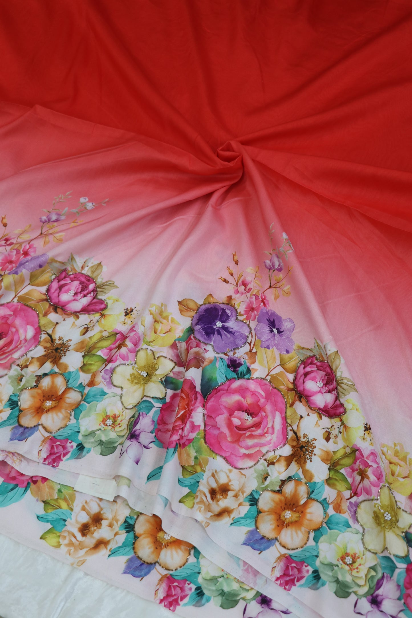 Dola Silk Floral Printed Fabric Highlighted With Pearls & Cutbeads