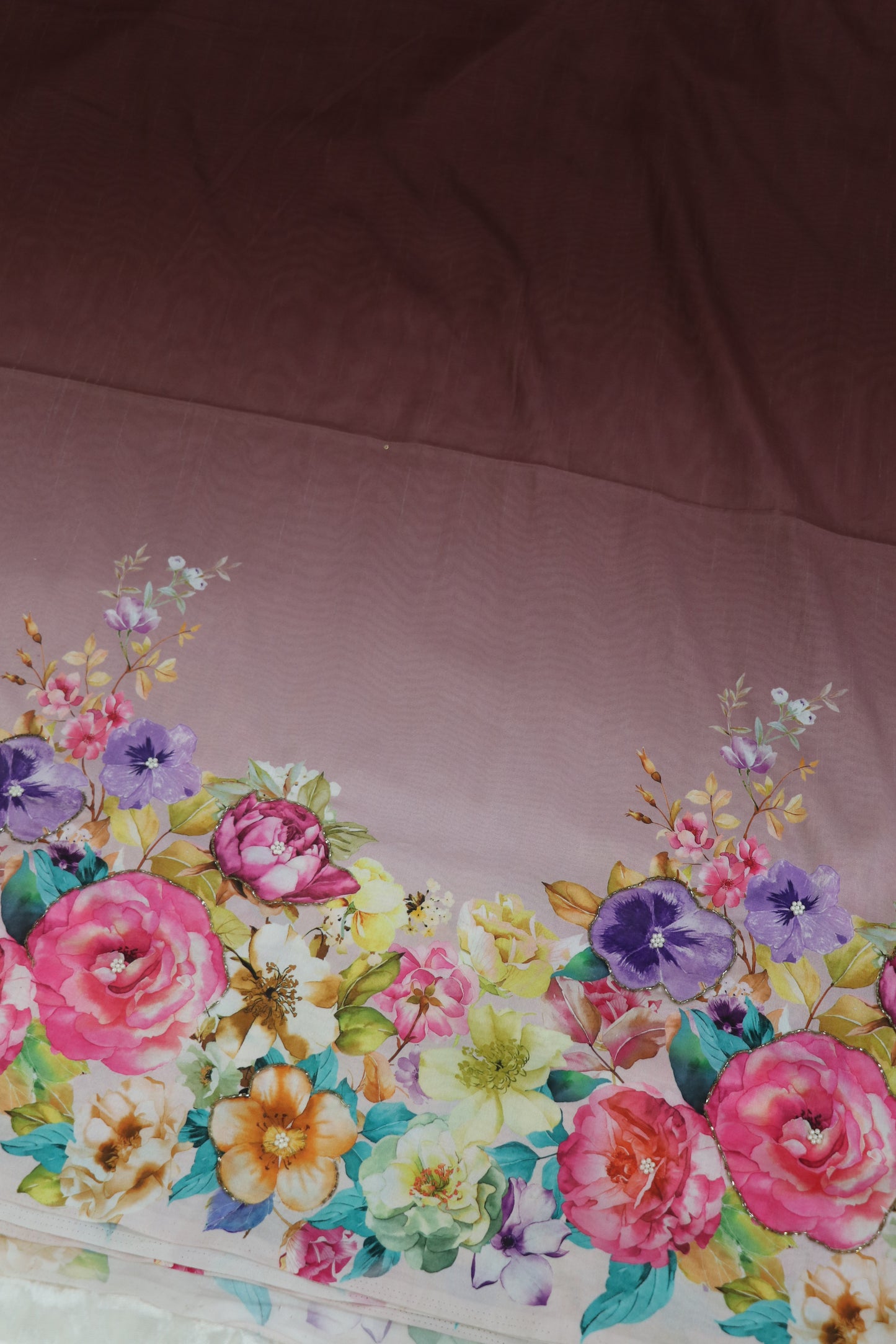 Dola Silk Floral Printed Fabric Highlighted With Pearls & Cutbeads