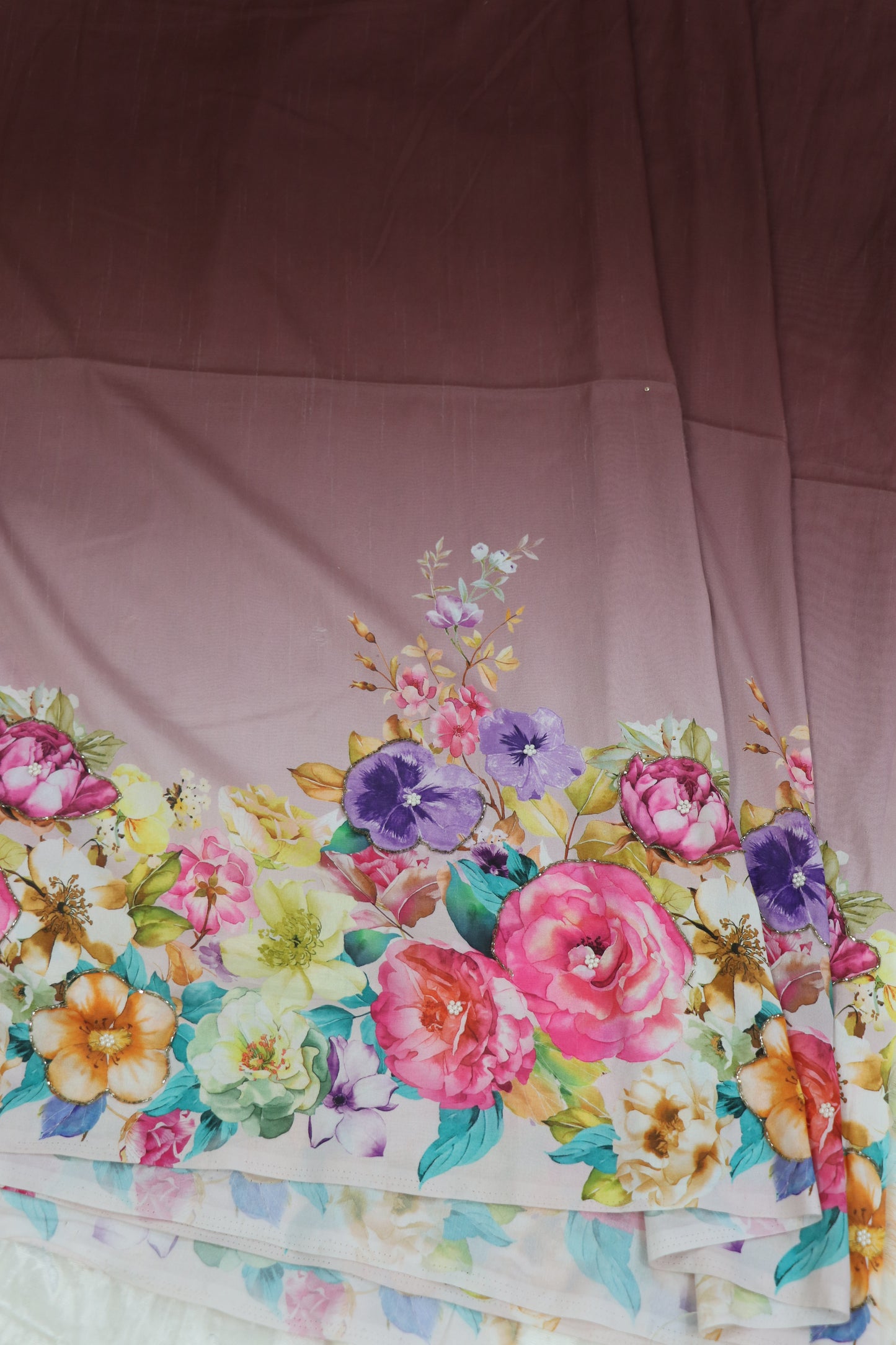 Dola Silk Floral Printed Fabric Highlighted With Pearls & Cutbeads