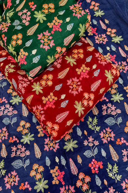 Pines & Flowers Embroidered Pure Falling Rawsilk Fabric