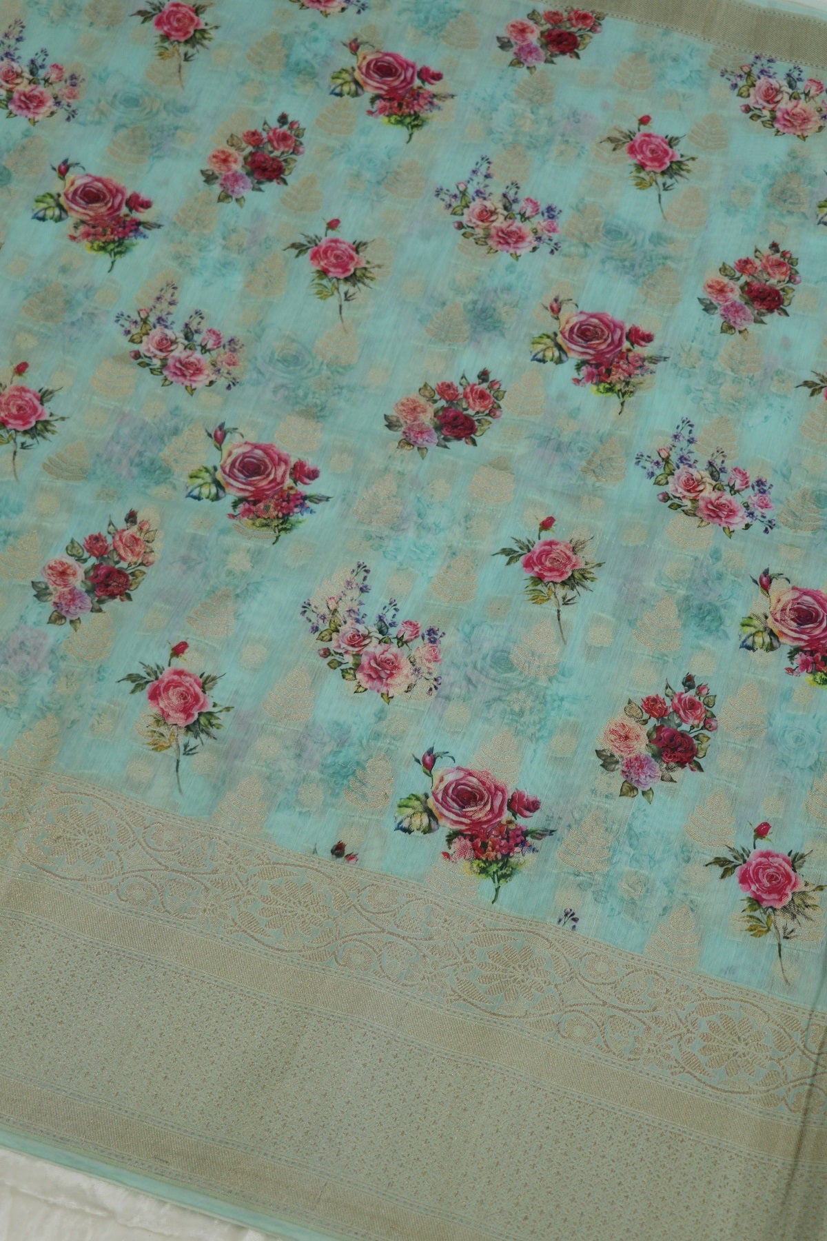 Banaras Woven Chanderi Floral Printed Fabric With Zari Borders
