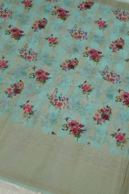Banaras Woven Chanderi Floral Printed Fabric With Zari Borders