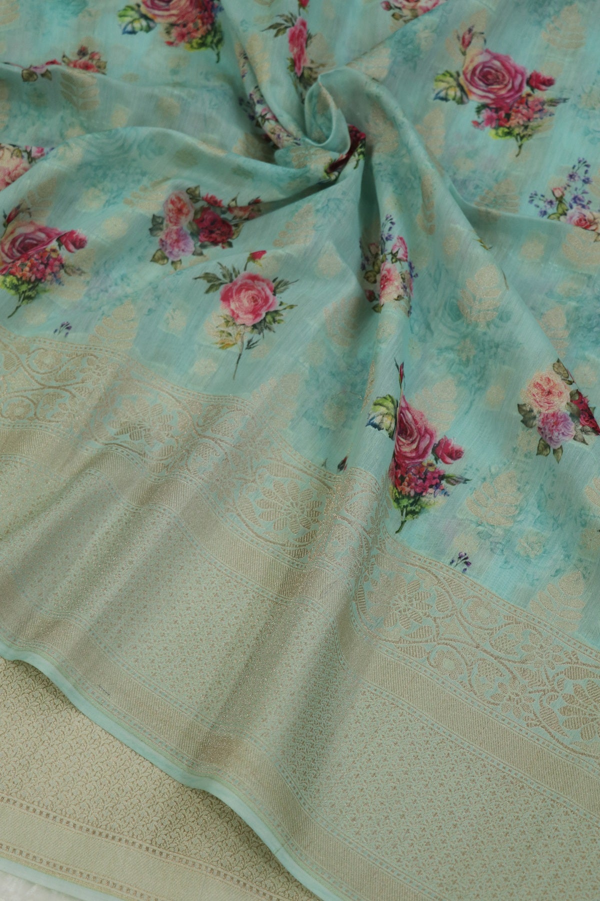 Banaras Woven Chanderi Floral Printed Fabric With Zari Borders