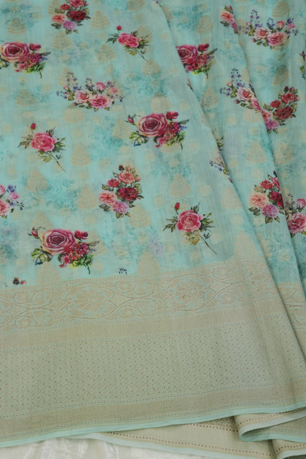 Banaras Woven Chanderi Floral Printed Fabric With Zari Borders