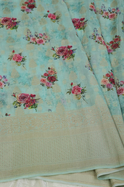 Banaras Woven Chanderi Floral Printed Fabric With Zari Borders