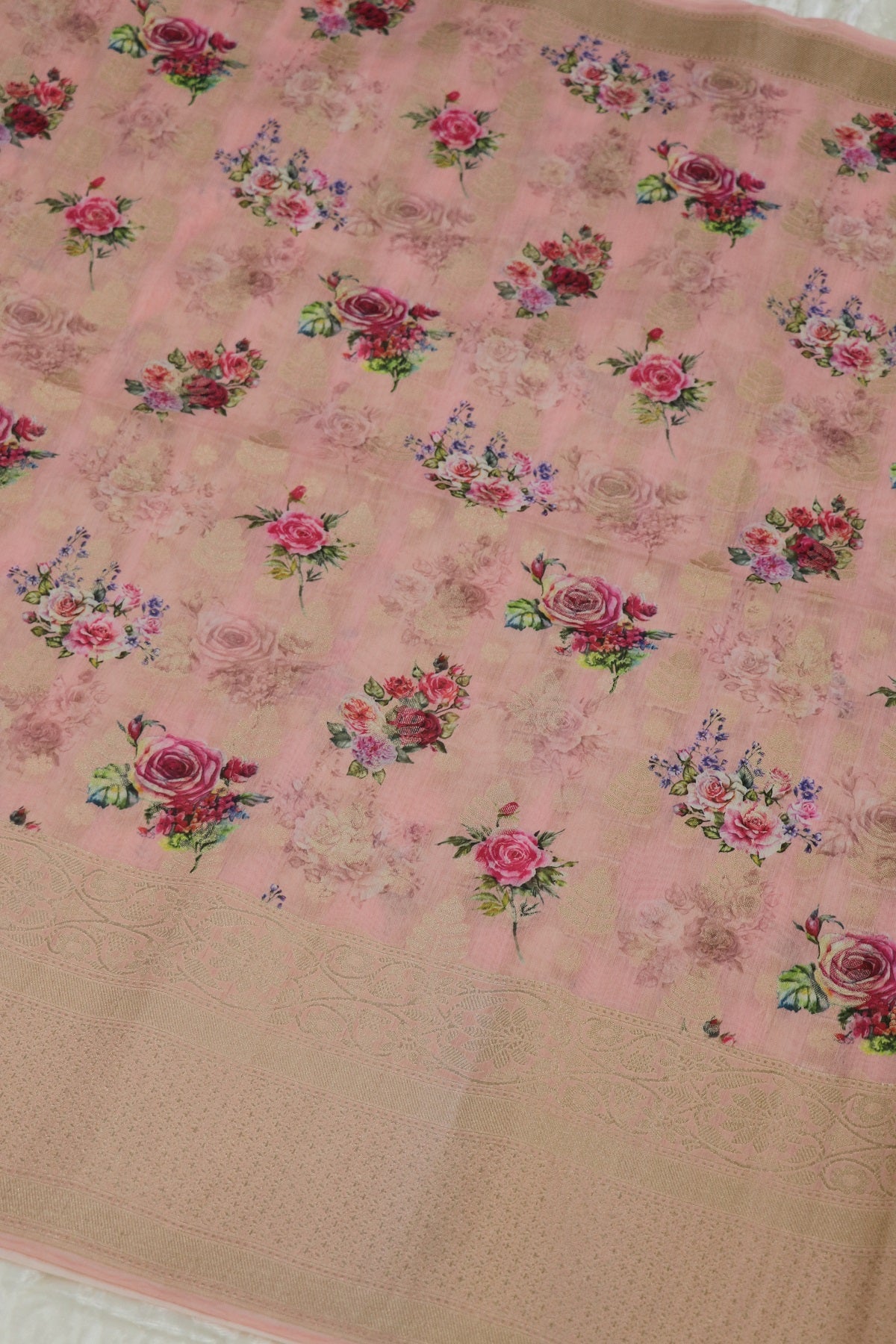 Banaras Woven Chanderi Floral Printed Fabric With Zari Borders