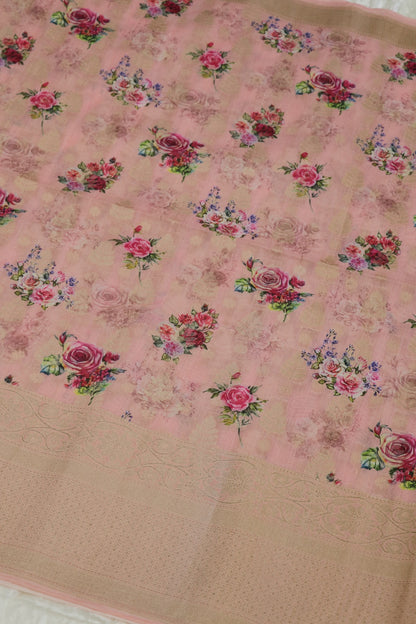 Banaras Woven Chanderi Floral Printed Fabric With Zari Borders
