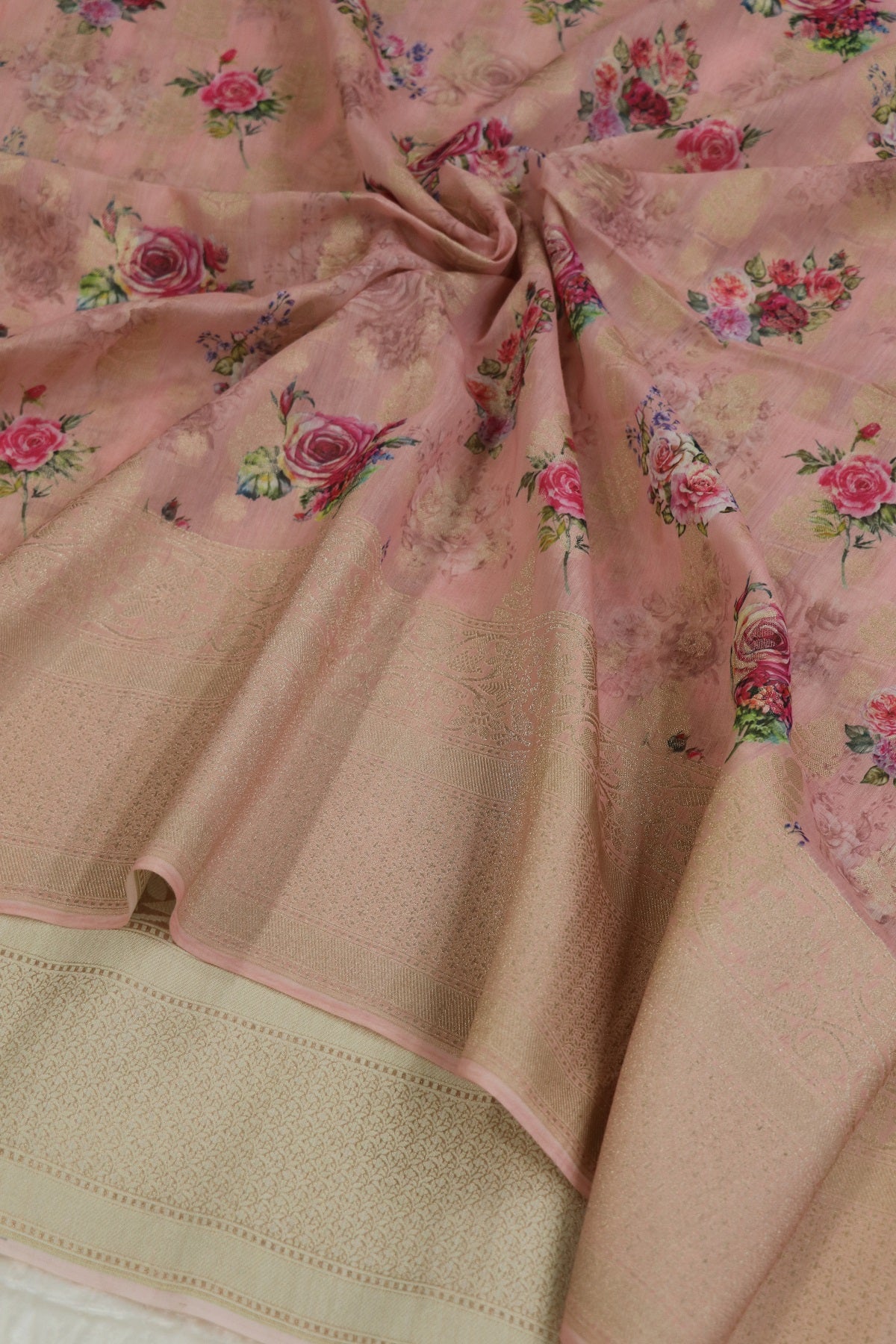 Banaras Woven Chanderi Floral Printed Fabric With Zari Borders