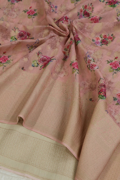 Banaras Woven Chanderi Floral Printed Fabric With Zari Borders