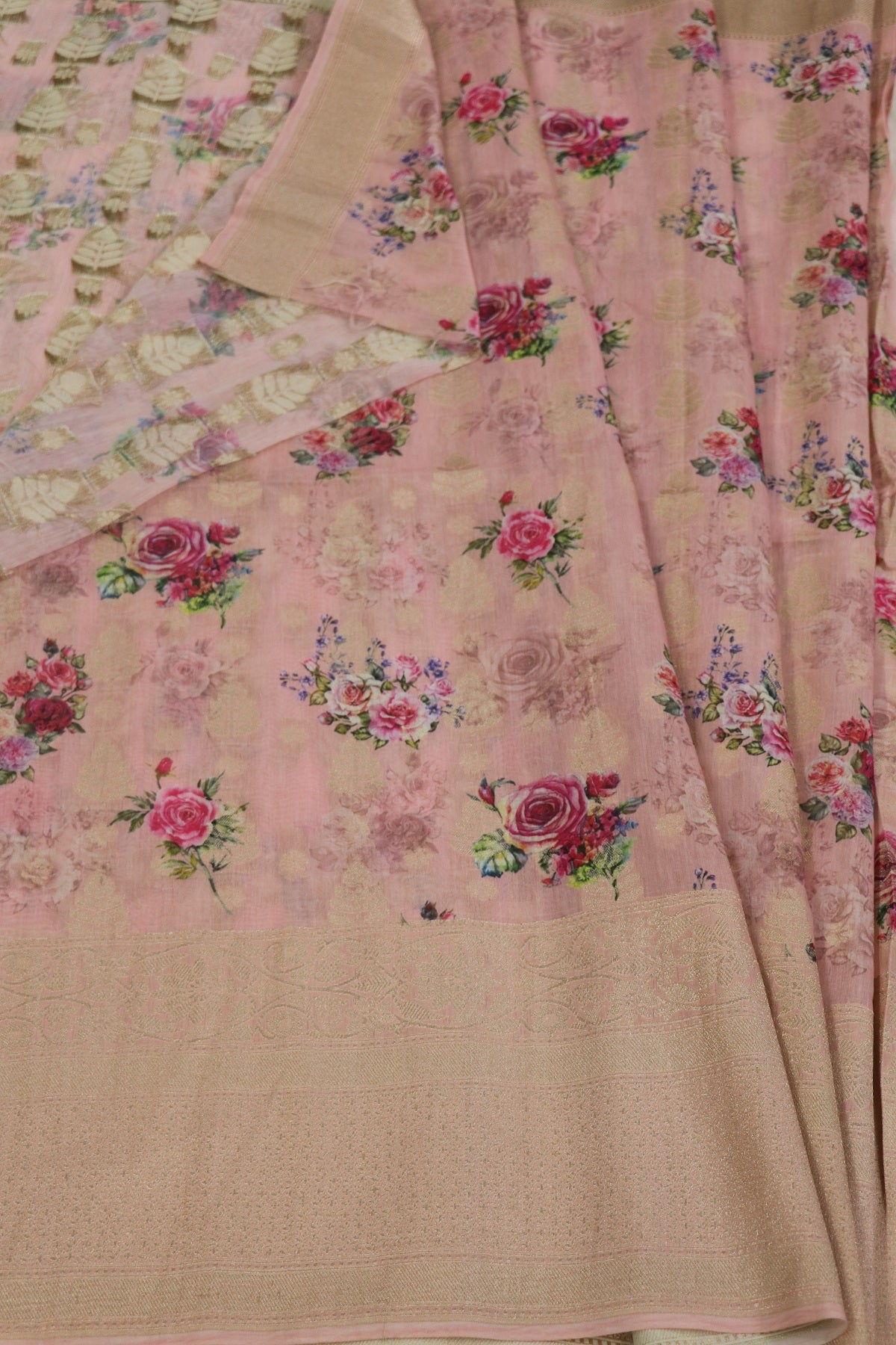 Banaras Woven Chanderi Floral Printed Fabric With Zari Borders