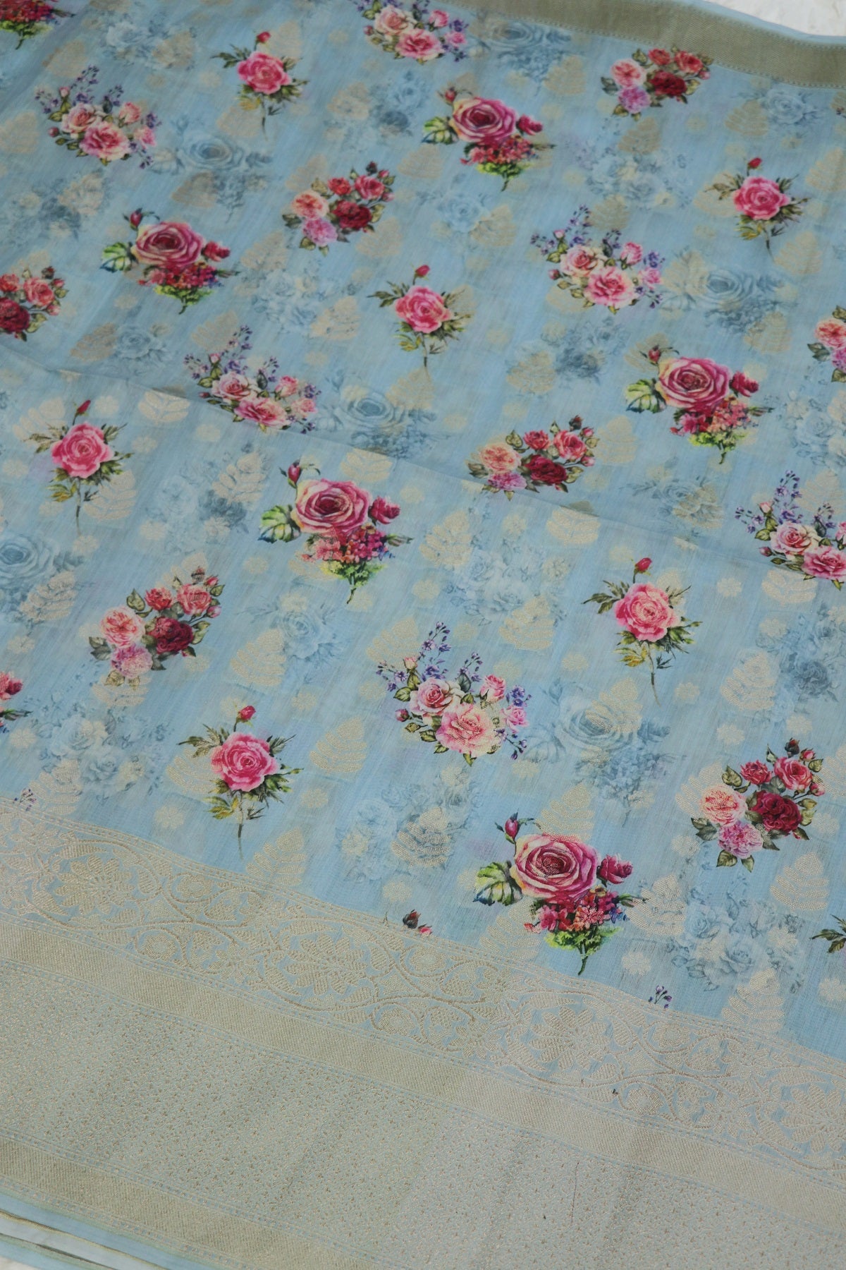 Banaras Woven Chanderi Floral Printed Fabric With Zari Borders