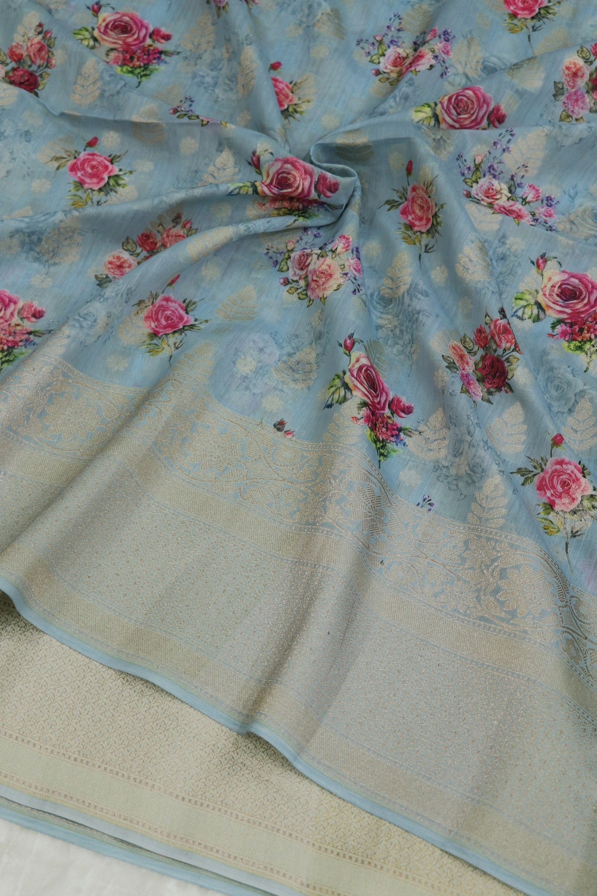 Banaras Woven Chanderi Floral Printed Fabric With Zari Borders