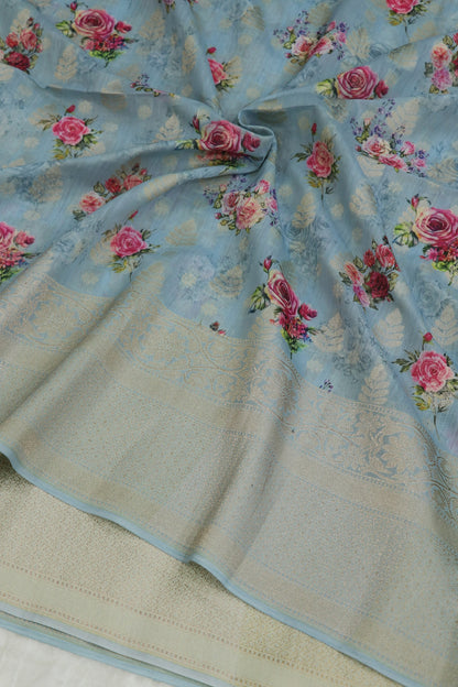 Banaras Woven Chanderi Floral Printed Fabric With Zari Borders