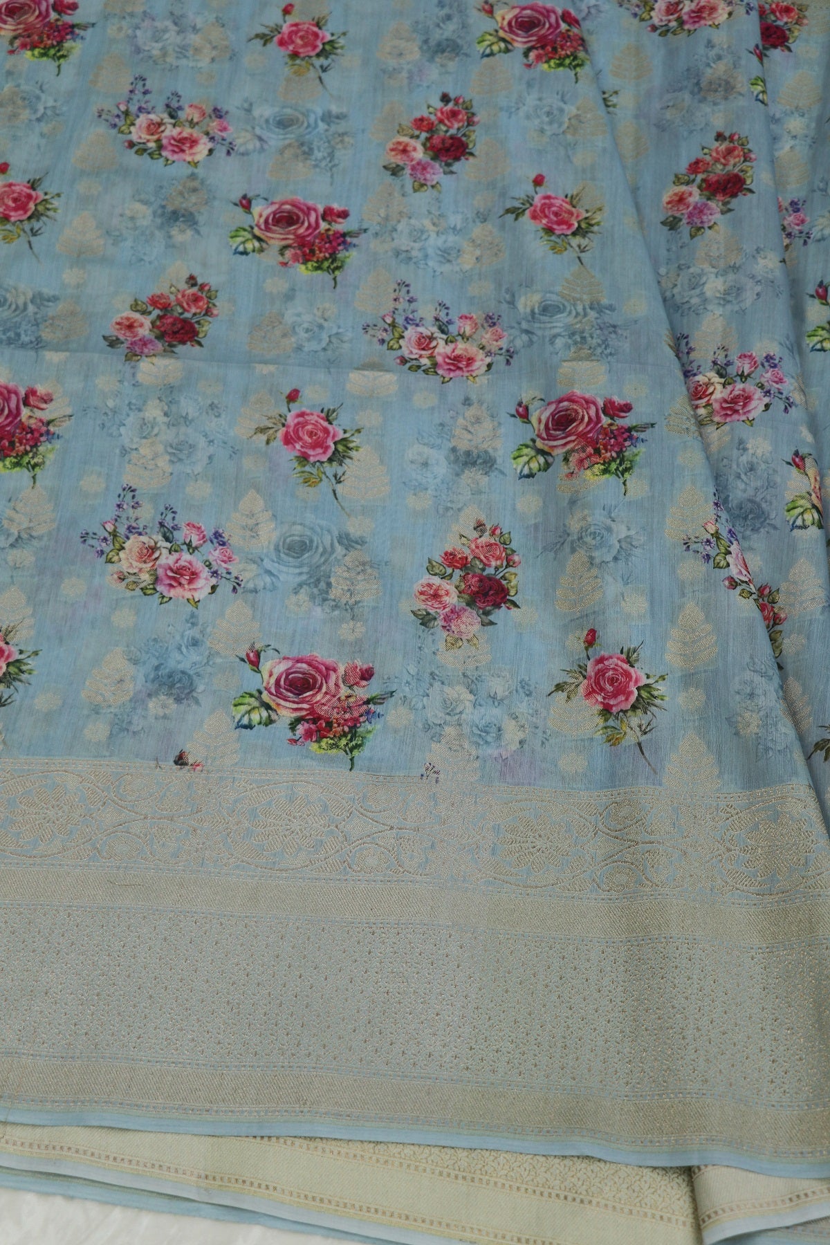 Banaras Woven Chanderi Floral Printed Fabric With Zari Borders