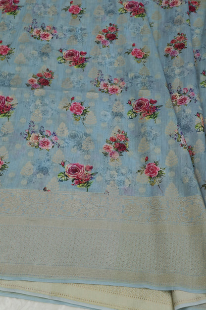 Banaras Woven Chanderi Floral Printed Fabric With Zari Borders