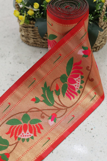 6.5 Inch Red Powerloom Paithani Lotus Jaal  Border