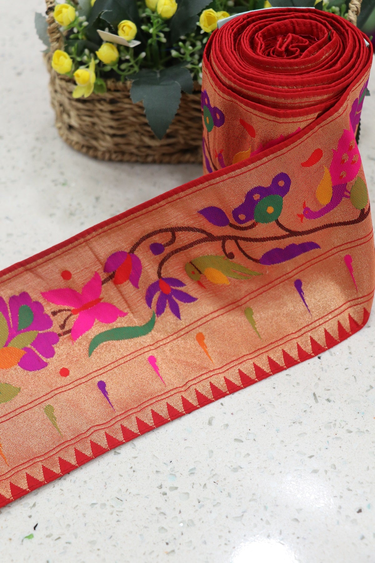 6.5 Inch Red Powerloom Paithani Parrot & Peacock Muniya Border (Per Meter)