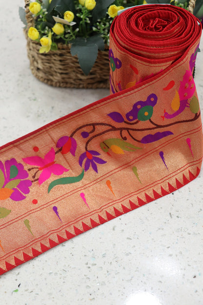 6.5 Inch Red Powerloom Paithani Parrot & Peacock Muniya Border (Per Meter)