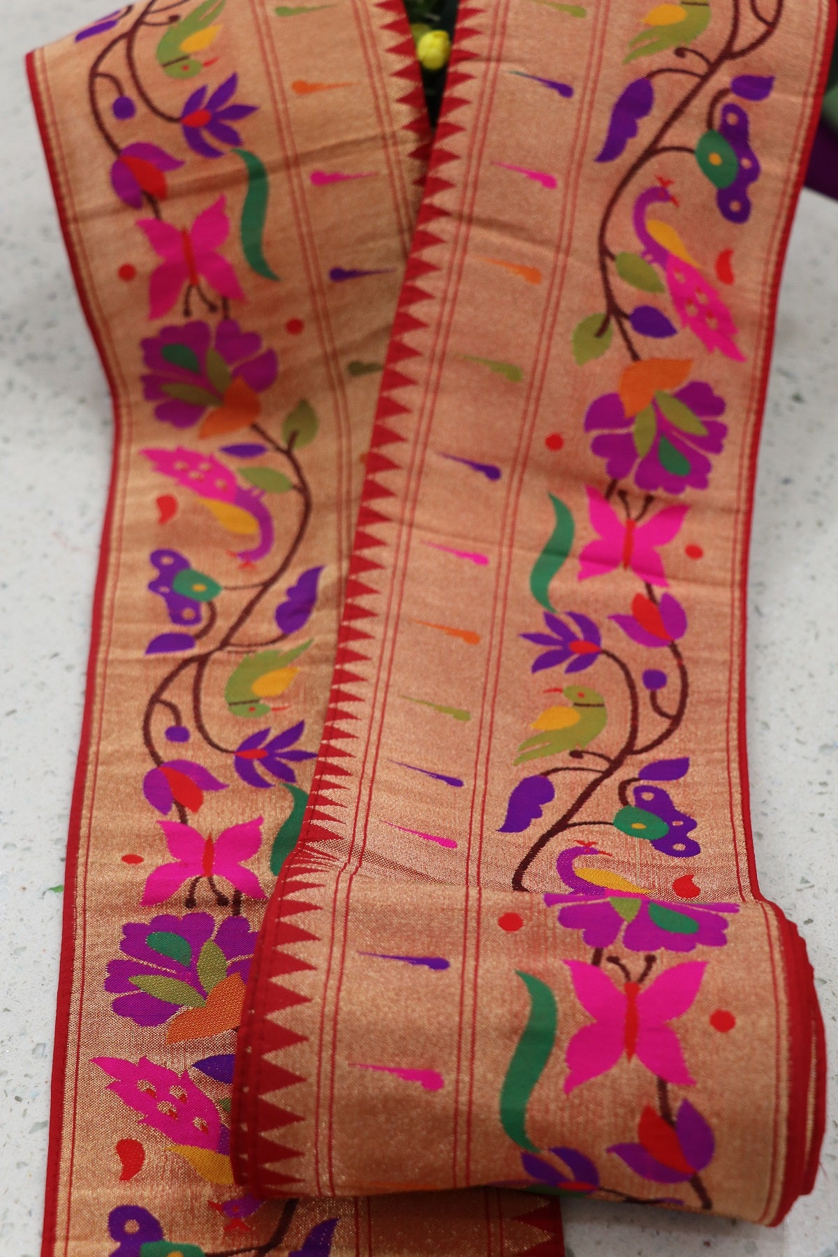 6.5 Inch Red Powerloom Paithani Parrot & Peacock Muniya Border (Per Meter)