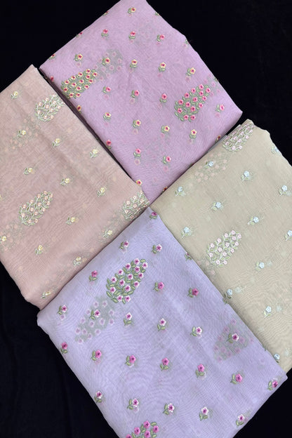 Tree of Flowers embroidered Pure Mul Chanderi Fabric