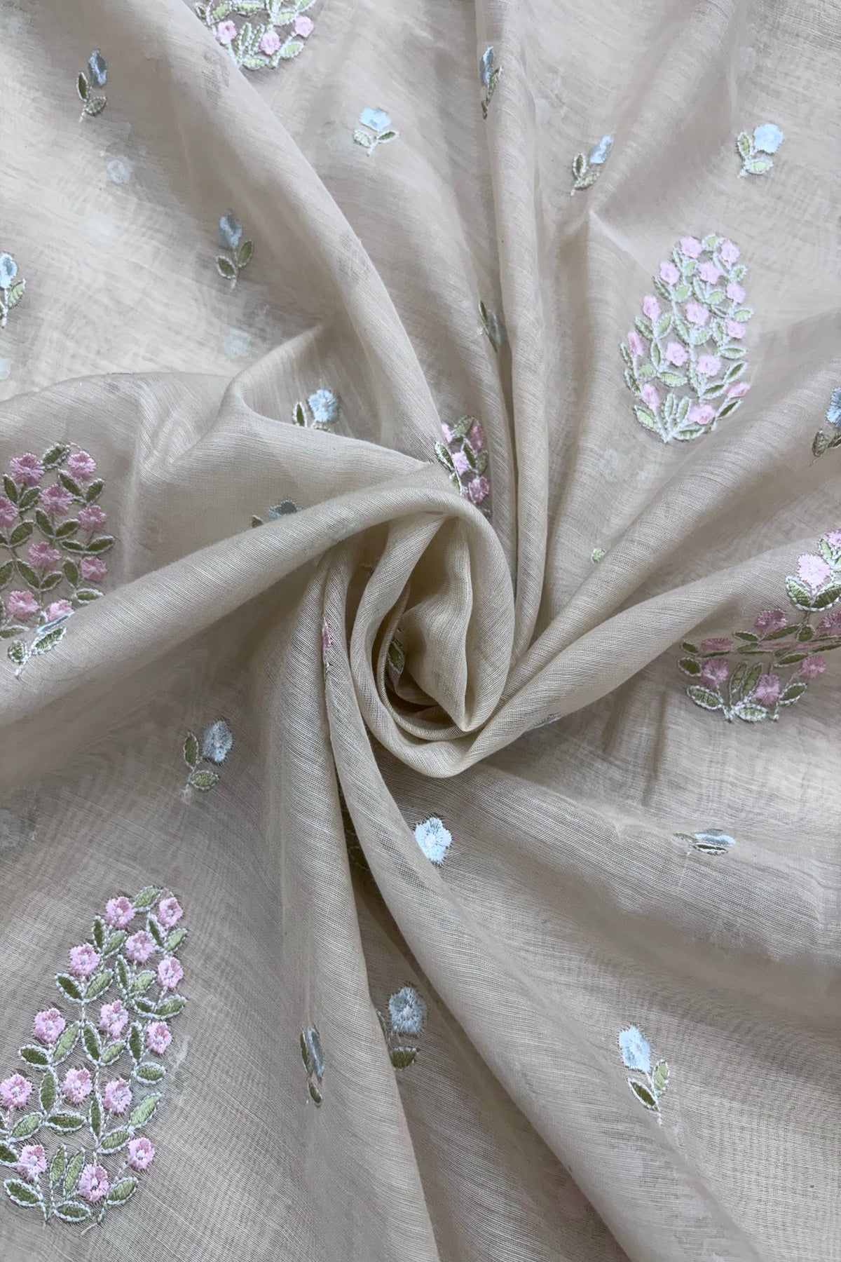 Tree of Flowers embroidered Pure Mul Chanderi Fabric