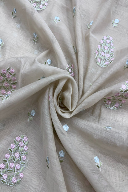 Tree of Flowers embroidered Pure Mul Chanderi Fabric