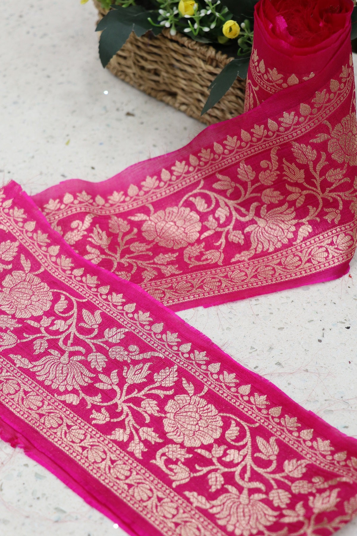 5 Inches Pure Banaras Hot Pink Chiniya Silk Zari Woven Border (9 Mtrs Bundle)