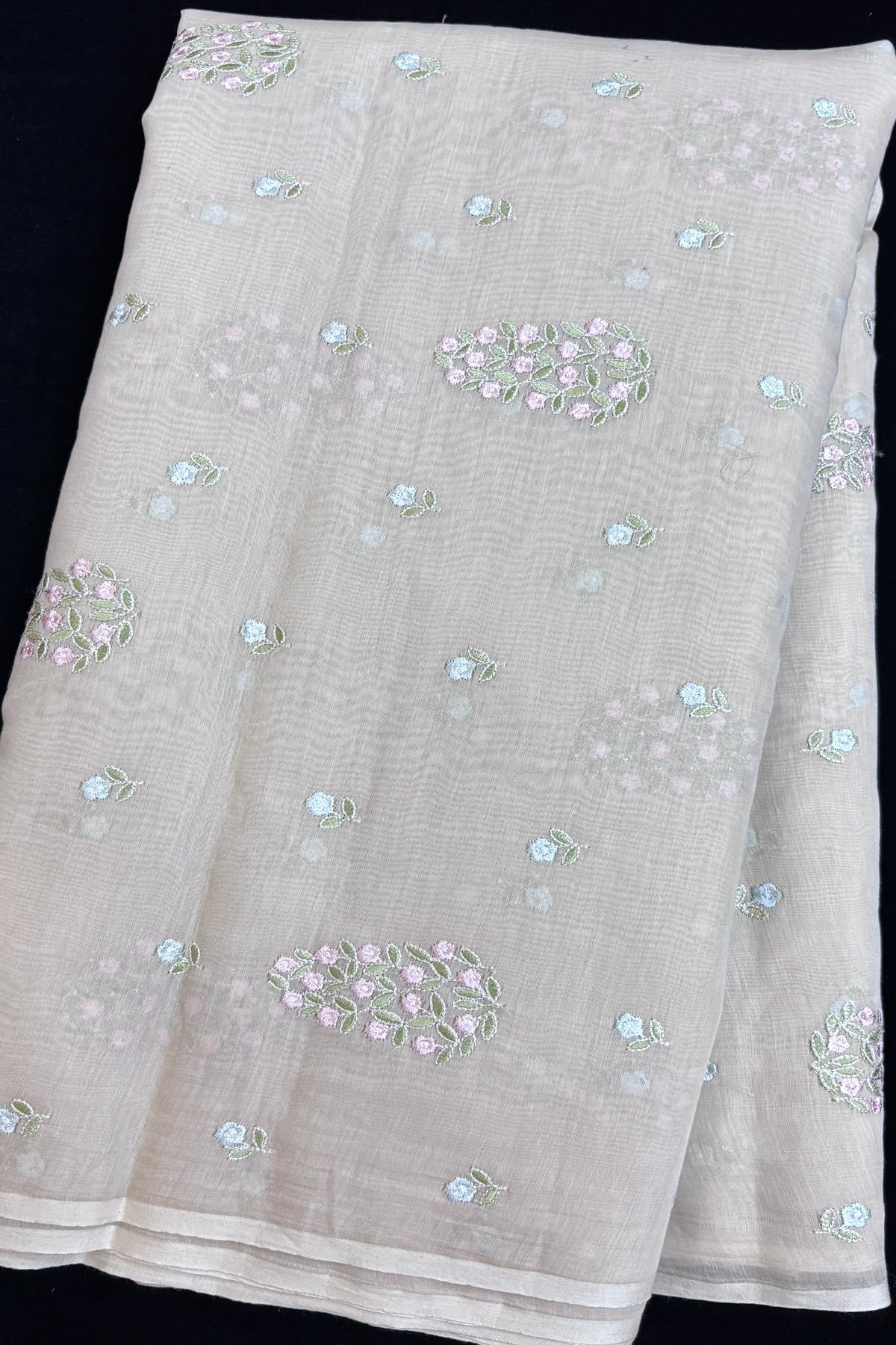 Tree of Flowers embroidered Pure Mul Chanderi Fabric
