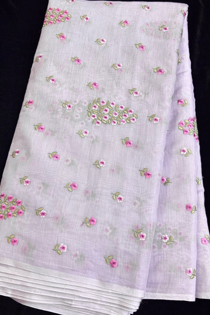 Tree of Flowers embroidered Pure Mul Chanderi Fabric