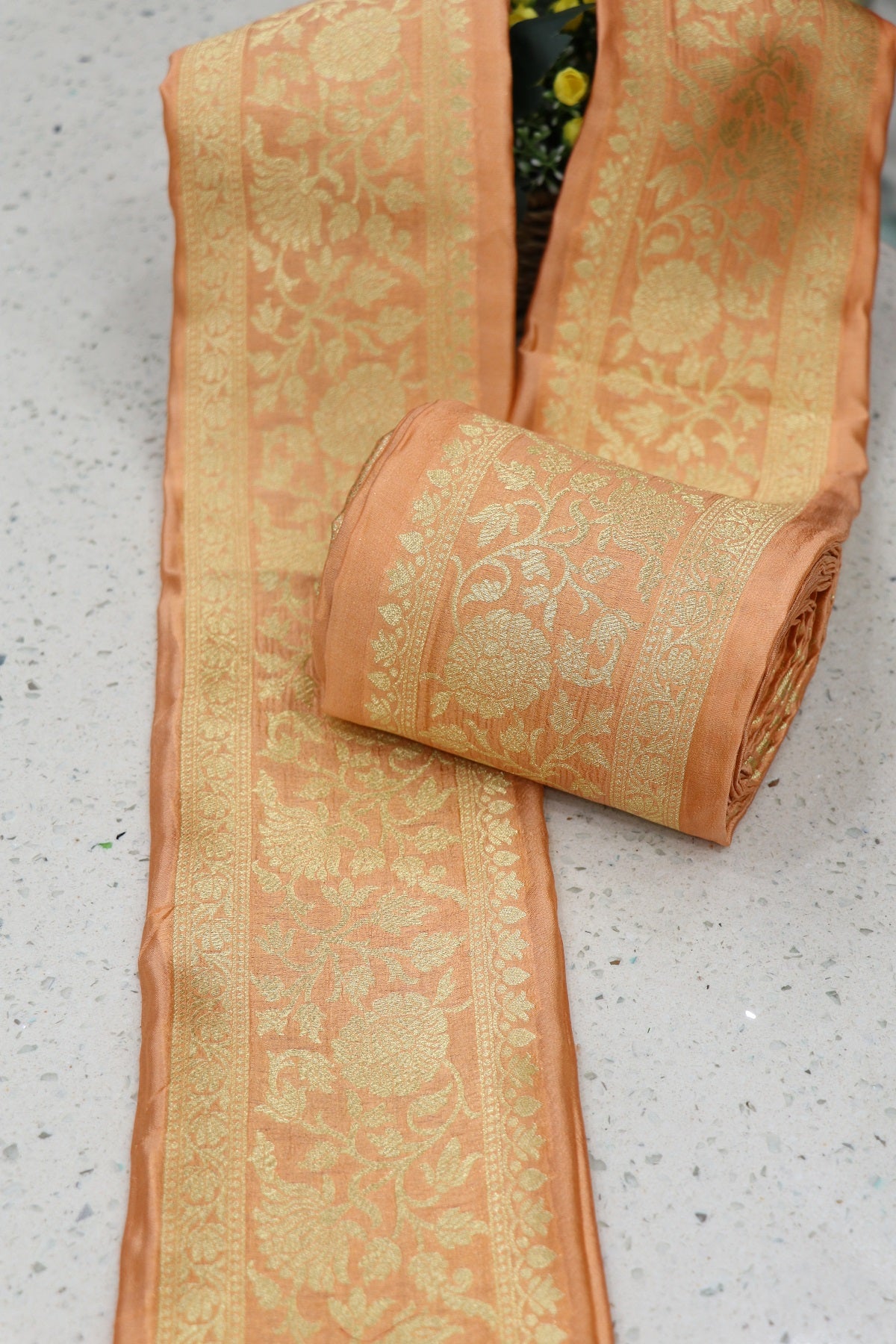 5 Inches Pure Banaras Light Peach Chiniya Silk Zari Woven Border (9 Mtrs Bundle)