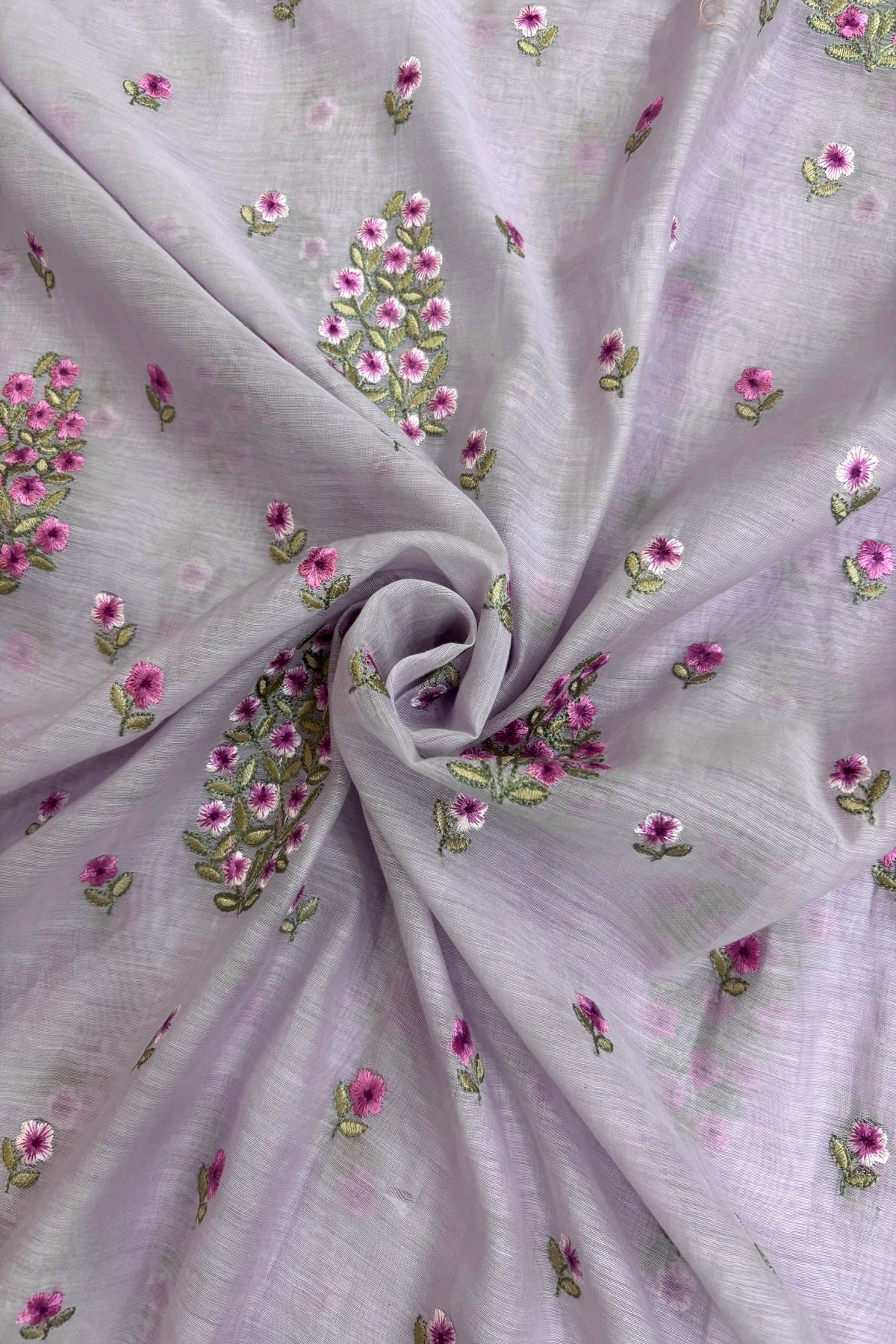 Tree of Flowers embroidered Pure Mul Chanderi Fabric