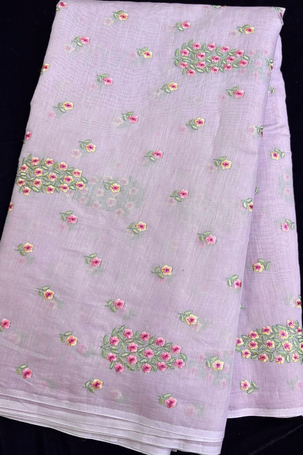 Tree of Flowers embroidered Pure Mul Chanderi Fabric