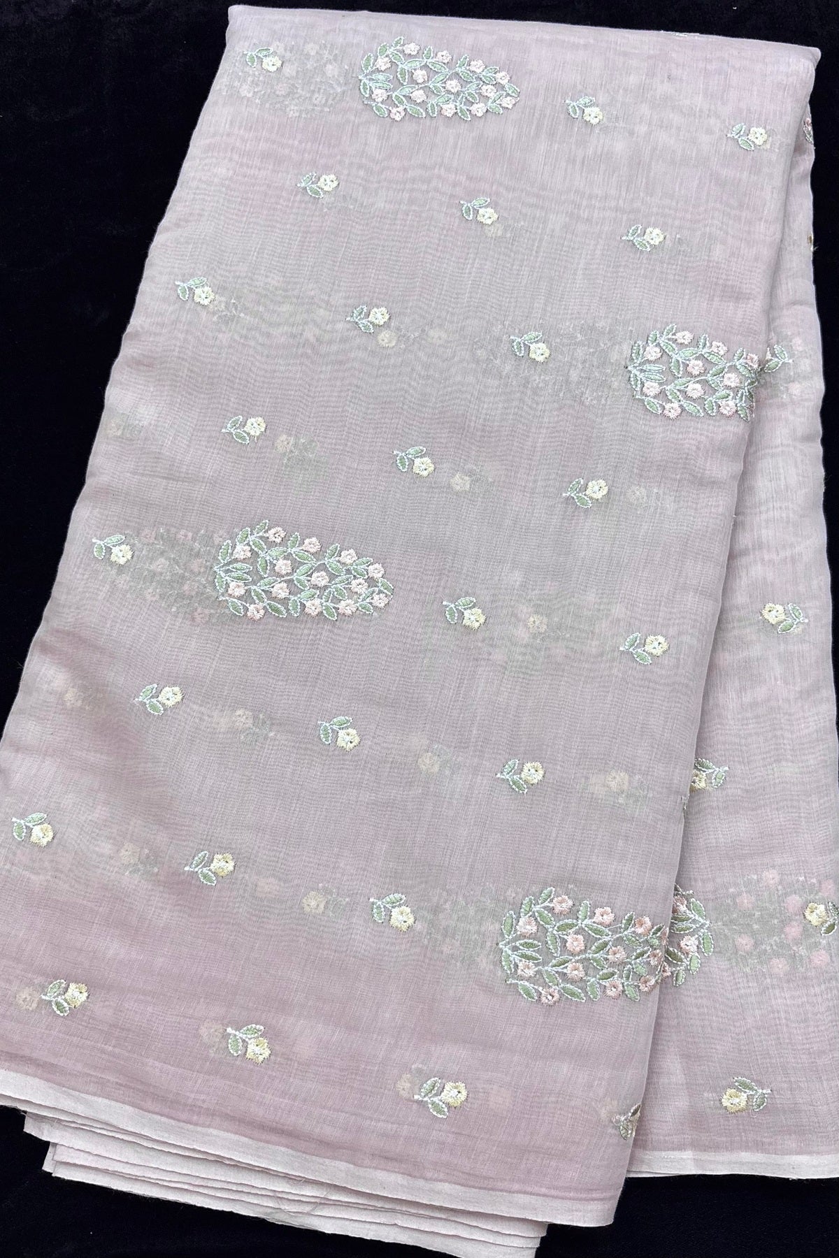 Tree of Flowers embroidered Pure Mul Chanderi Fabric