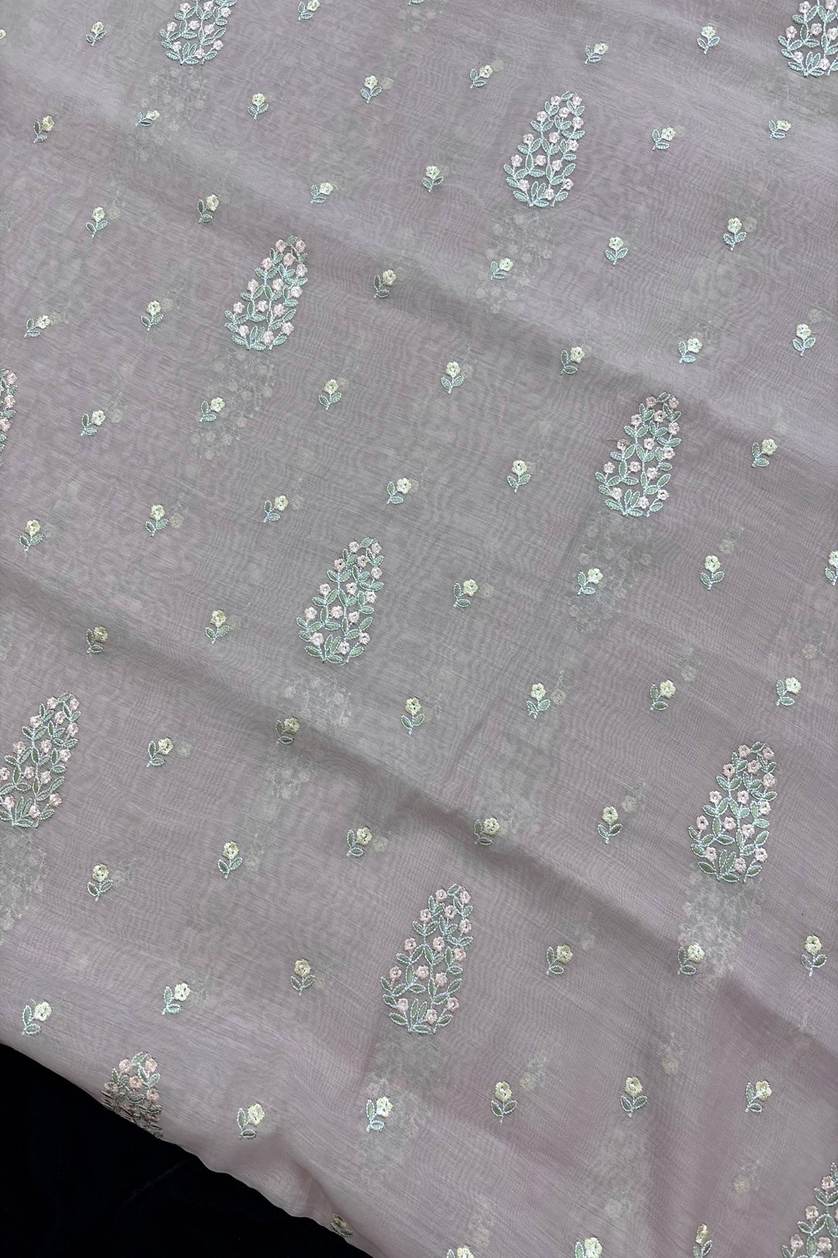 Tree of Flowers embroidered Pure Mul Chanderi Fabric