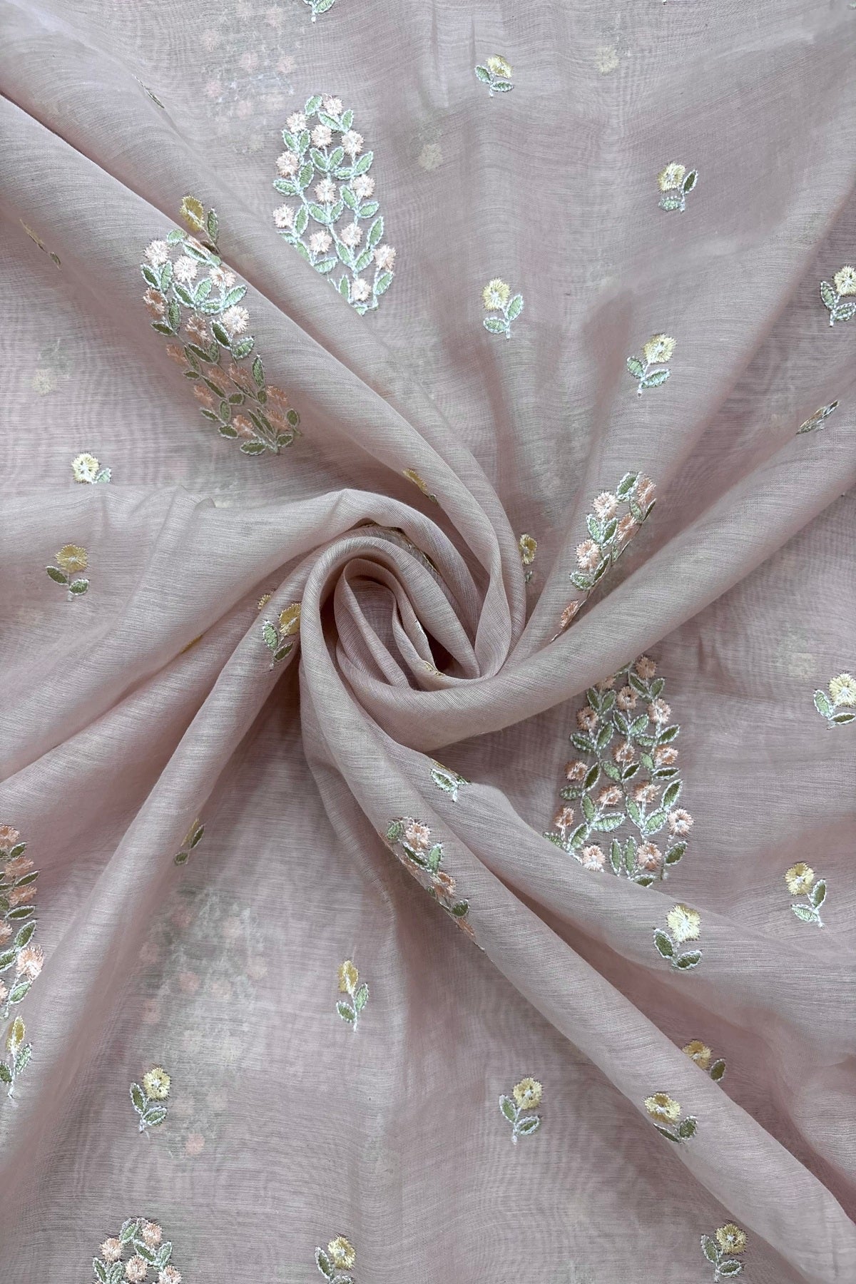 Tree of Flowers embroidered Pure Mul Chanderi Fabric