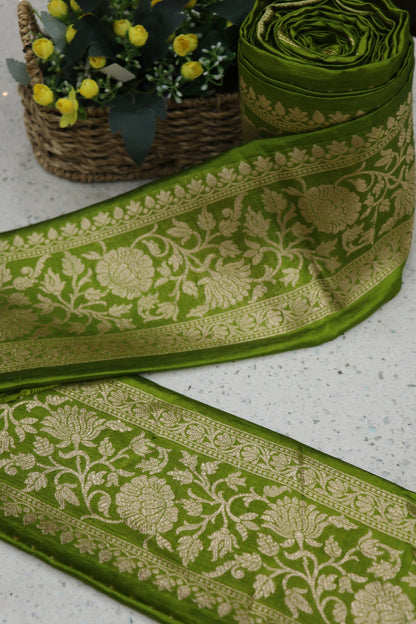 5 Inches Pure Banaras Mehandi Green Chiniya Silk Zari Woven Border (9 Mtrs Bundle)