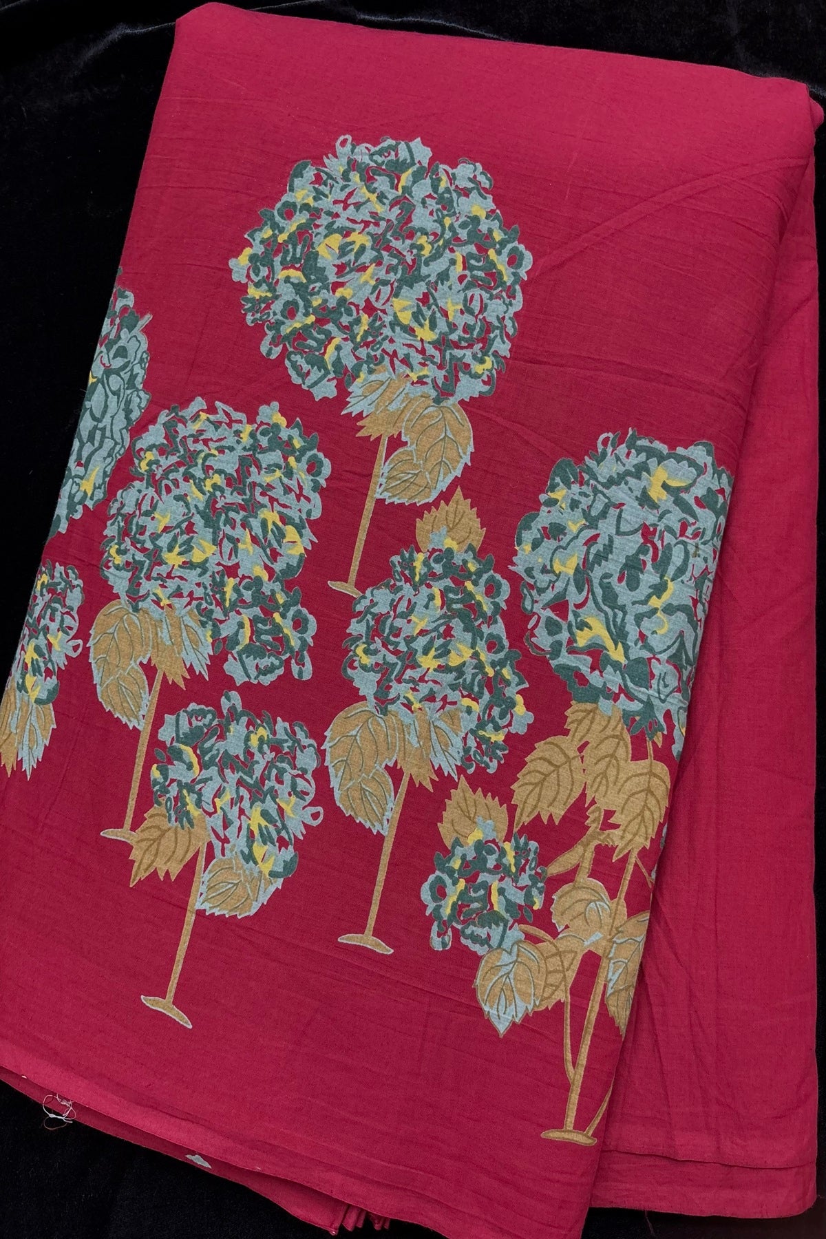 Green and Yellow Hydrangea Printed Pure Cotton Fabric