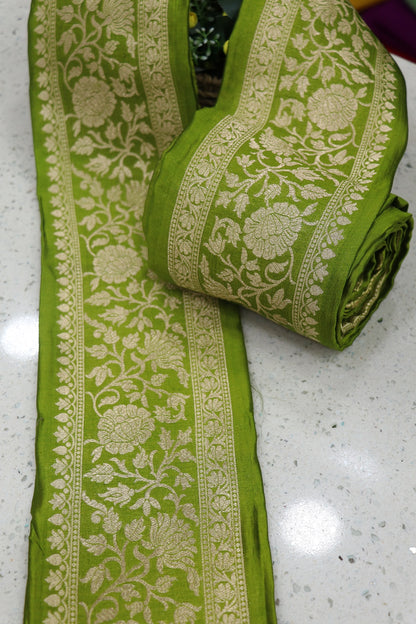5 Inches Pure Banaras Mehandi Green Chiniya Silk Zari Woven Border (9 Mtrs Bundle)