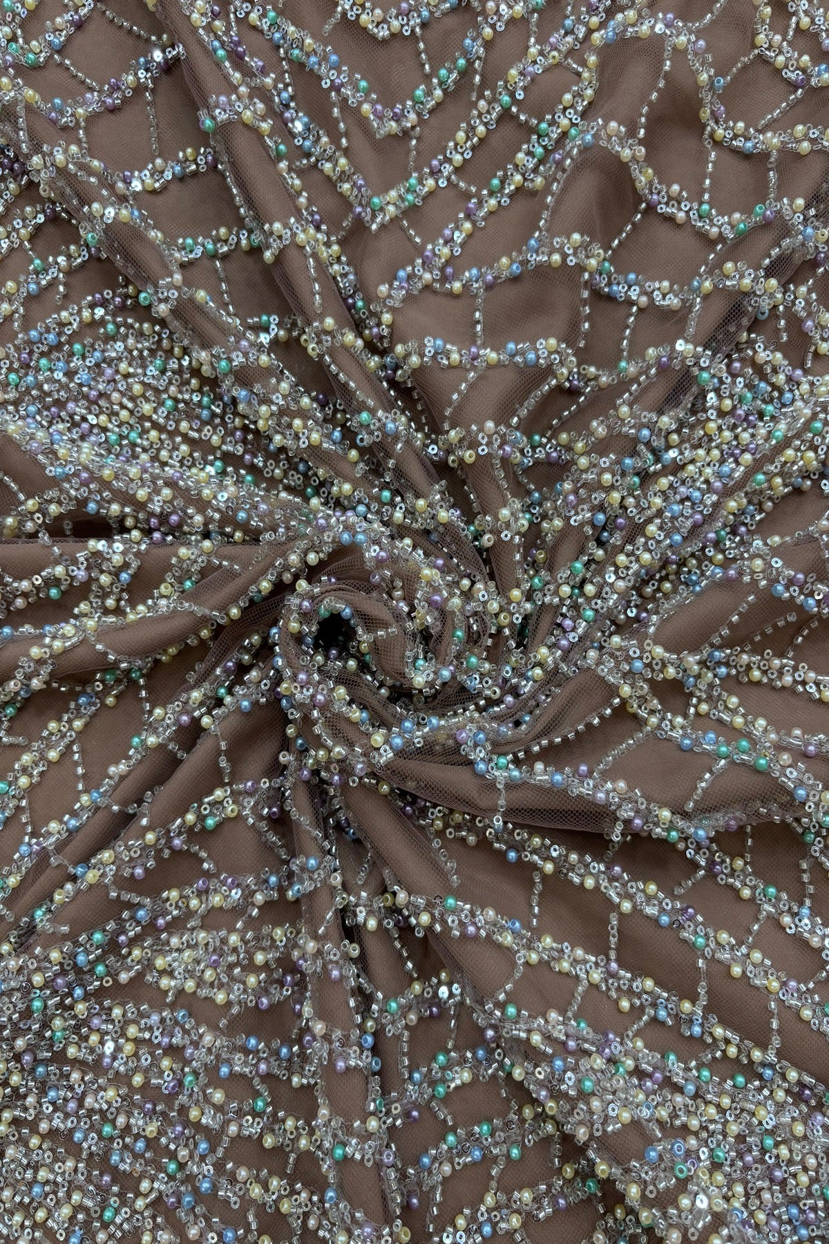 Sunray Patterned  Multicolour Bead Embroidered Net Fabric