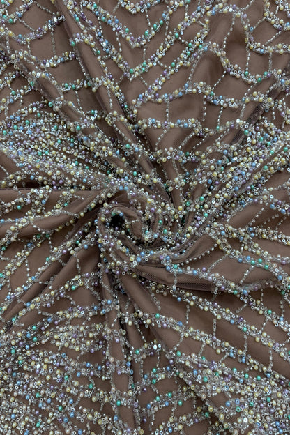 Sunray Patterned  Multicolour Bead Embroidered Net Fabric