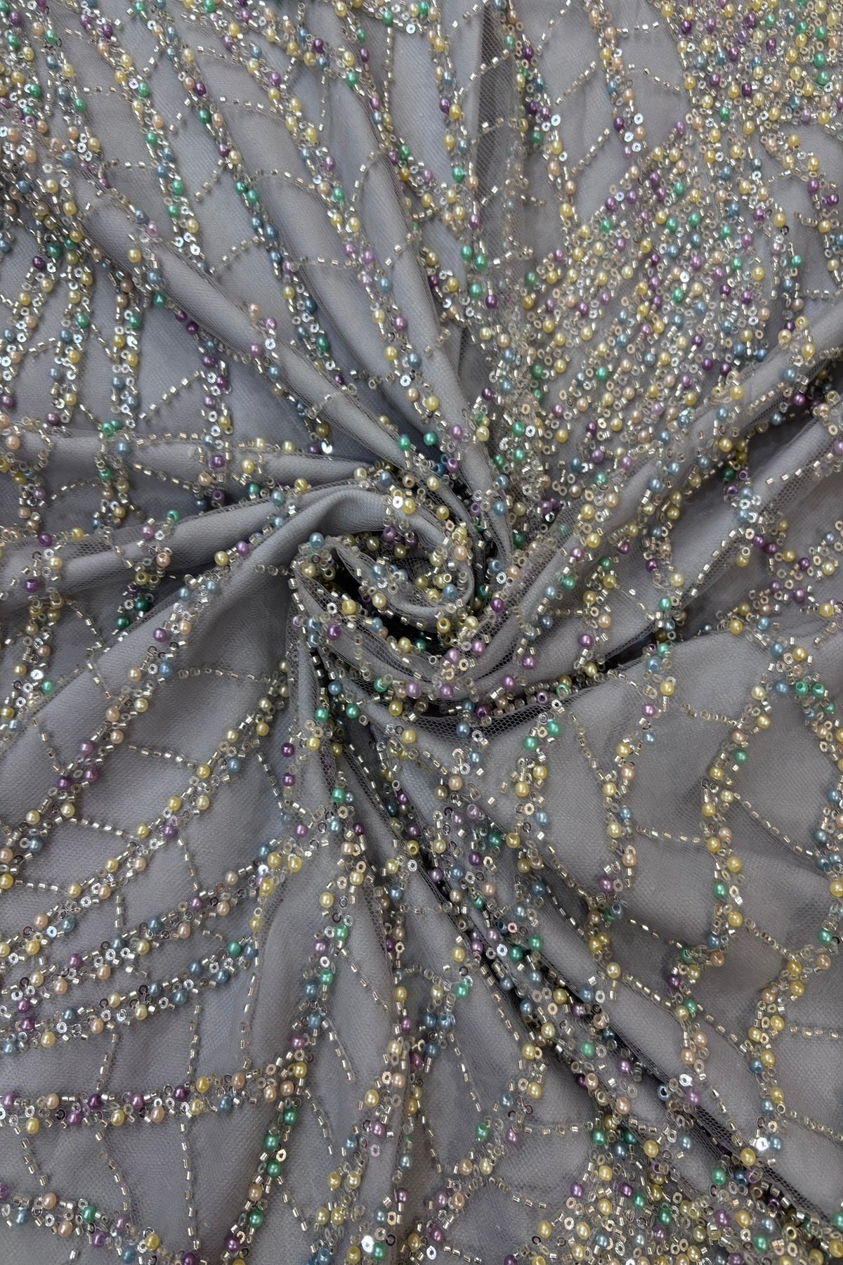 Sunray Patterned  Multicolour Bead Embroidered Net Fabric
