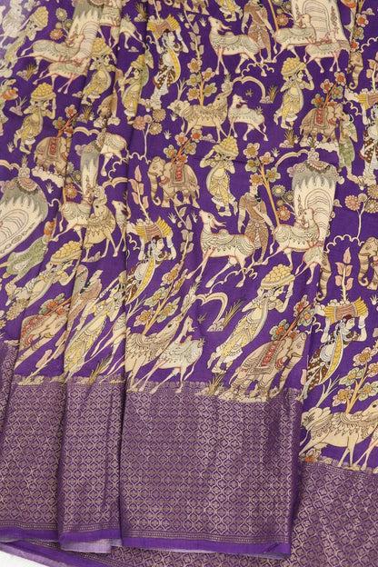Purple Pure Munga Tussar Kalamkari Figurine With Antic Golden Zari Woven Lehenga Fabric