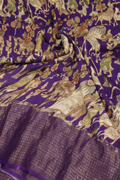 Purple Pure Munga Tussar Kalamkari Figurine With Antic Golden Zari Woven Lehenga Fabric