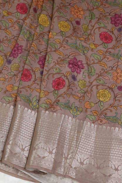 Pure Light Mauve Chiniya SIlk Kalamkari Printed With Silver Zari Woven Lehenga Fabric