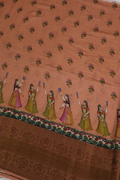 Pure Peach Chiniya Pitchiwai Printed With Antique Zari Woven Lehenga Fabric