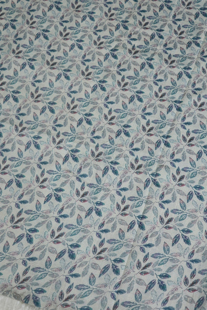 Pure Raw Silk Embossed Leaf Printed Fabric With Blue Hues